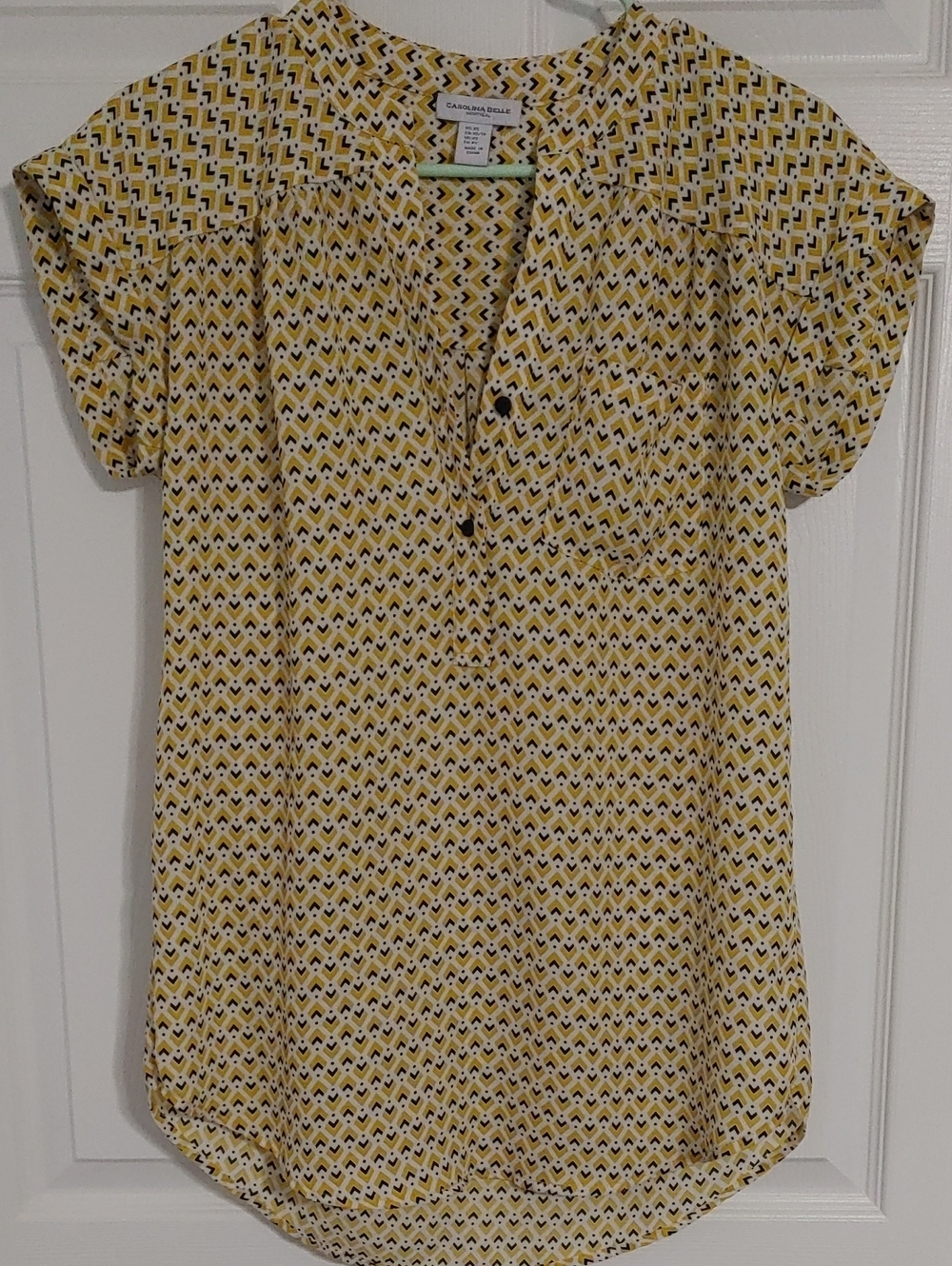 Carolina Belle Blouse Cap Sleeve Size XS Yellow Geometric Print